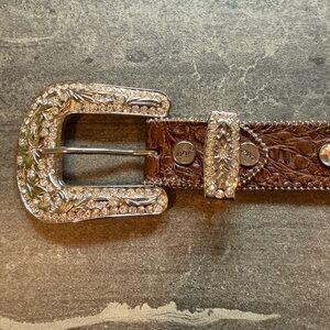 Brown Leather Western Belt with Silver Buckle XXL